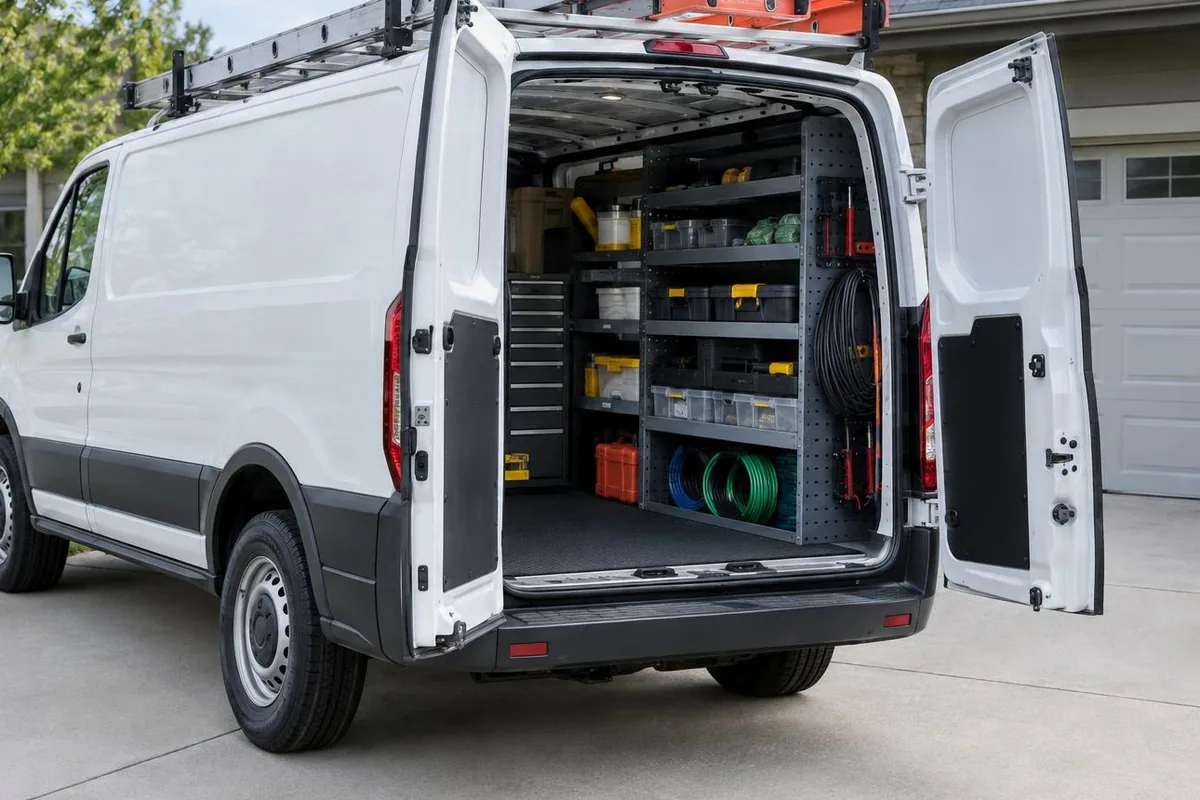 White work van with the rear doors open, showing shelves of tools, wire spools and a ladder rack, parked in a driveway