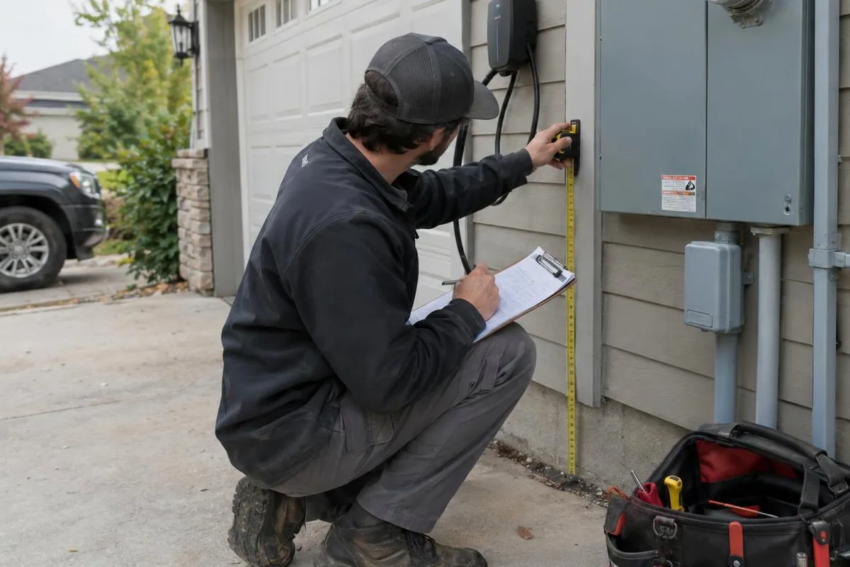 Electrician kneeling beside an outdoor electrical panel, measuring the wall with a tape measure and writing on a clipboard