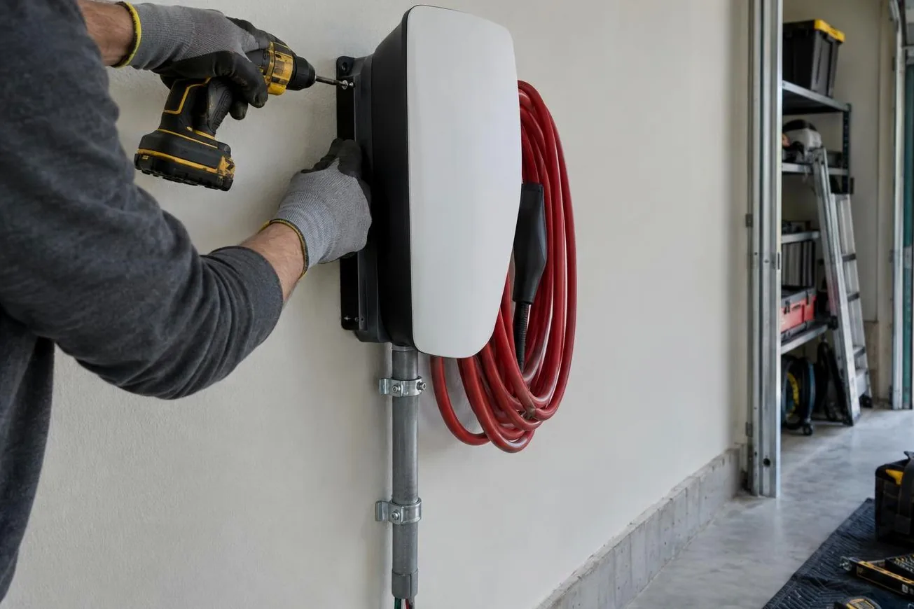 Gloved hands driving a screw into the mount of a Tesla Wall Connector, with a red charging cable coiled on the wall