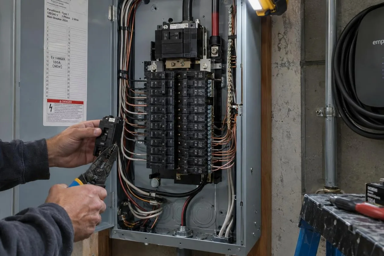 Electrician stripping a wire inside an open breaker panel lit by a work light