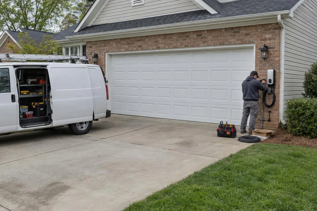 Electrician wiring an EV charger beside a white two-car garage door, with a work van parked on the driveway